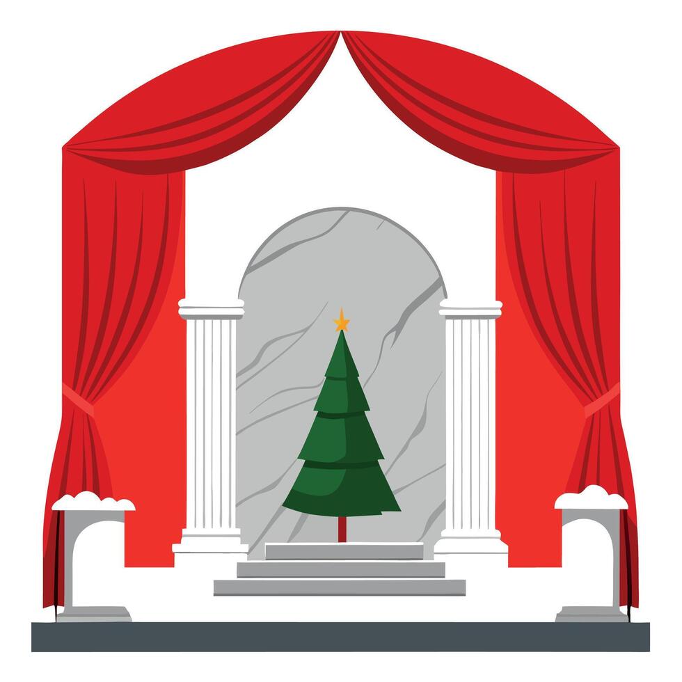 Christmas tree in a stage with red curtains and pillars vector