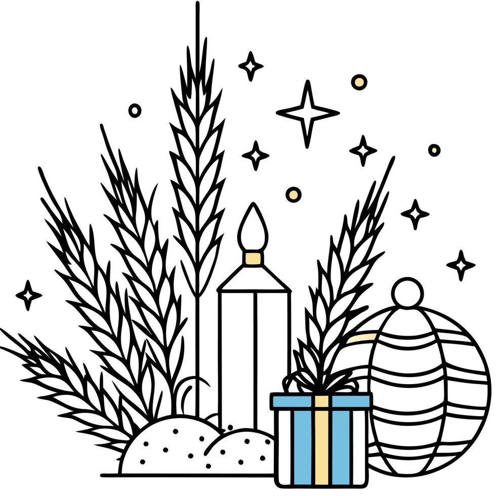 Pastel Blue and Gold Festive Scene. Beautiful Christmas Decorations with Pampas Grass. vector