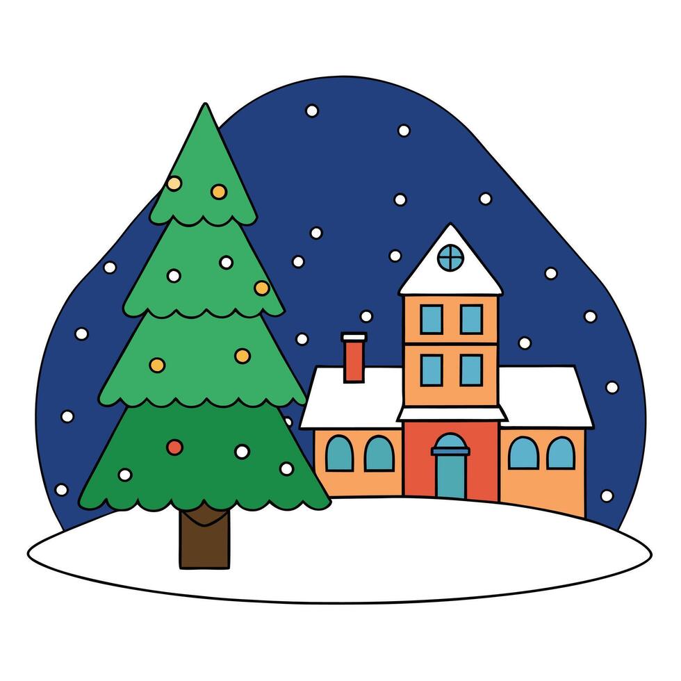 Christmas tree in the night - european village - snowflakes in the winter at christmas vector