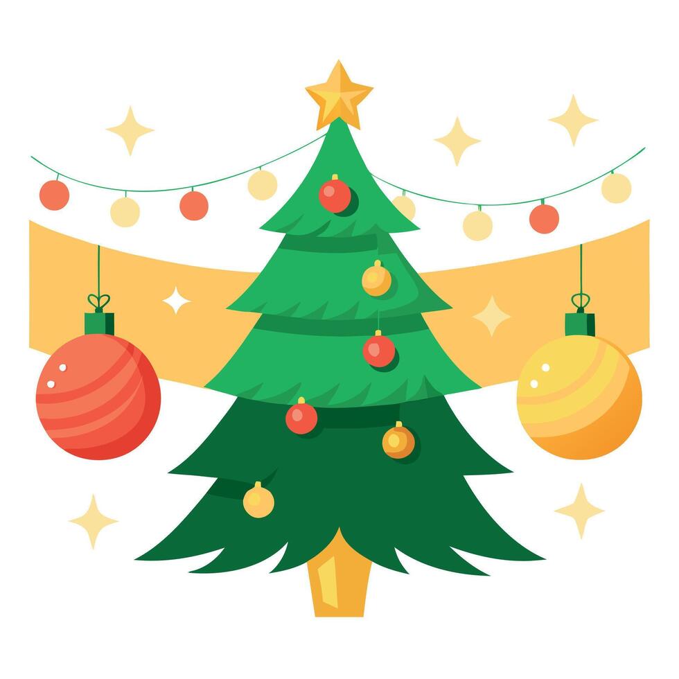 Golden baubles sparkling on christmas tree with magical festive lights wide format banner vector