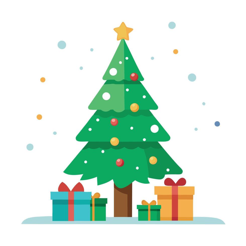 Christmas tree and presents on snowy background. room for marketing copy and text. winter seasonal vector