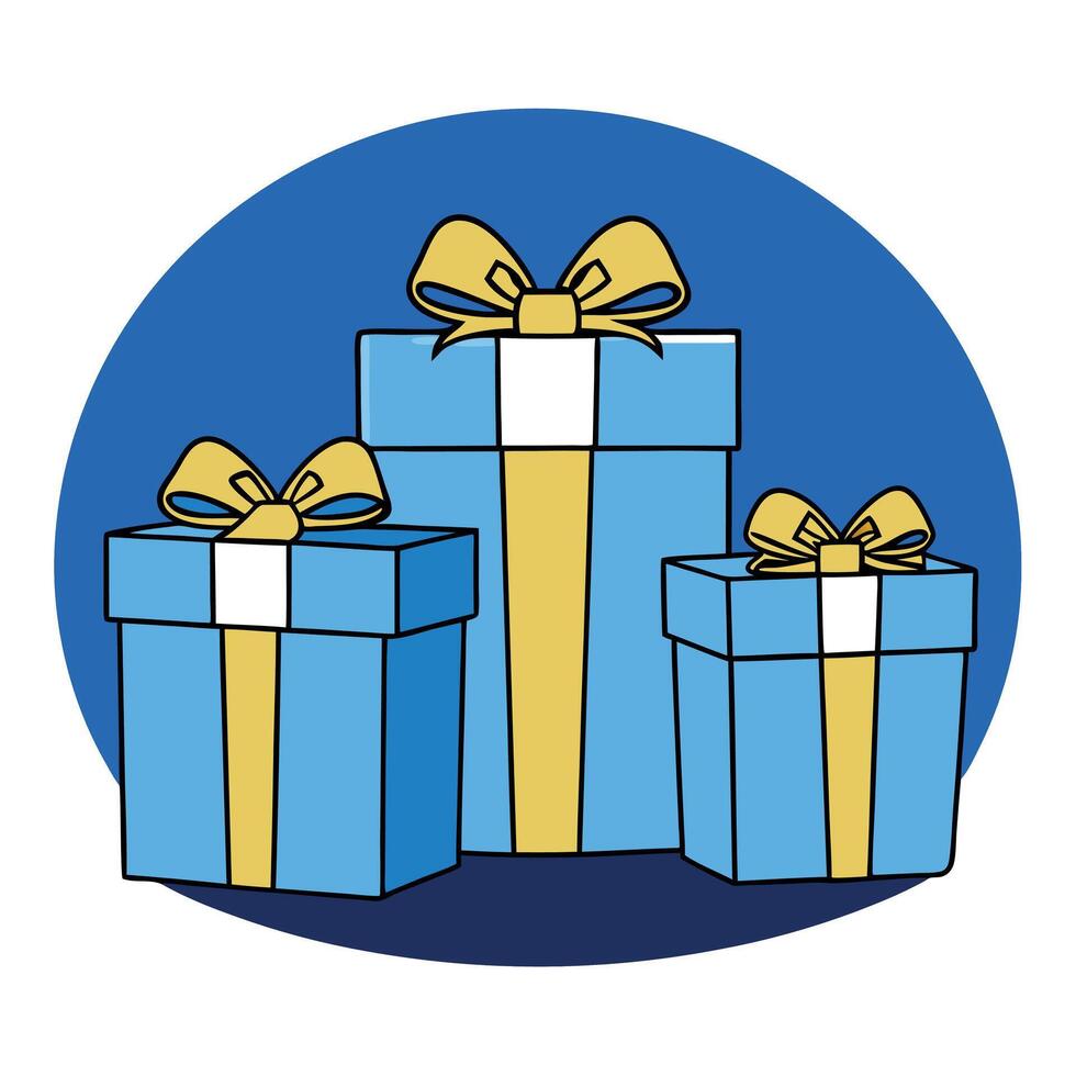 Gift boxes with gold ribbons on blue background with copy space vector