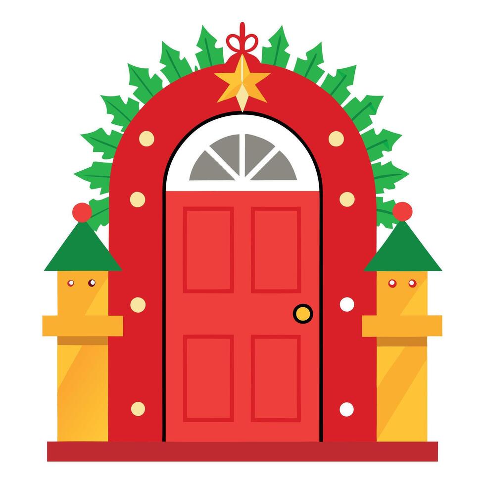 Red door with christmas garland around the door with royal nutcrackers on either side of the door. vector