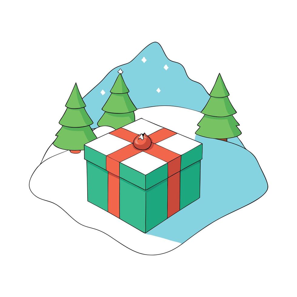 Gift box and christmas trees in snowy landscape 3d rendering vector