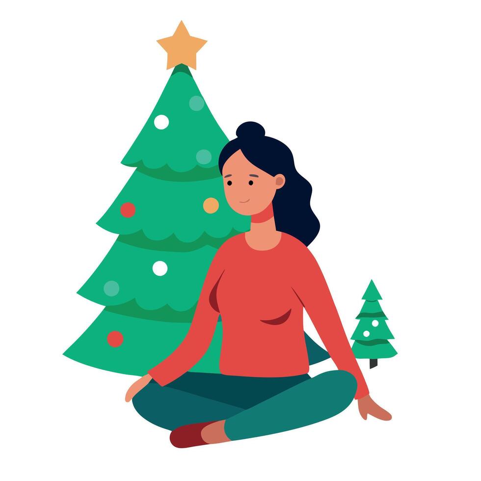 A woman sitting on the floor in front of a christmas tree. vector