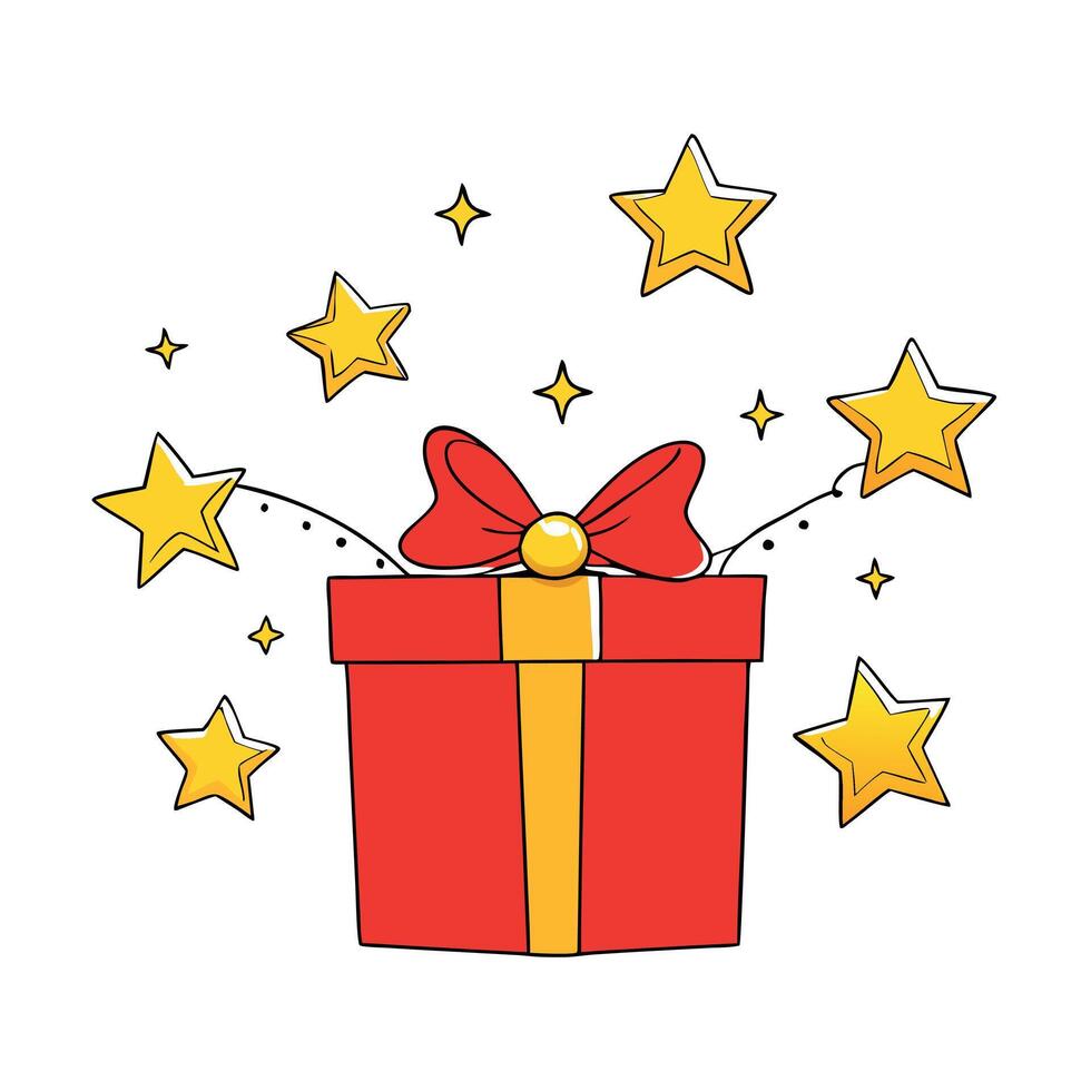 A red christmas background with gold stars and a red gift box. vector