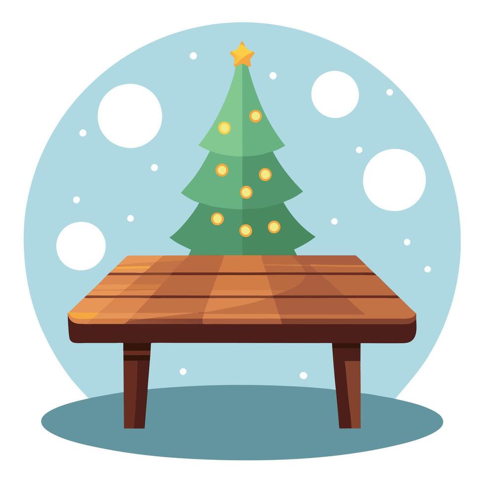 Wooden table in front of blurred christmas background with bokeh lights vector