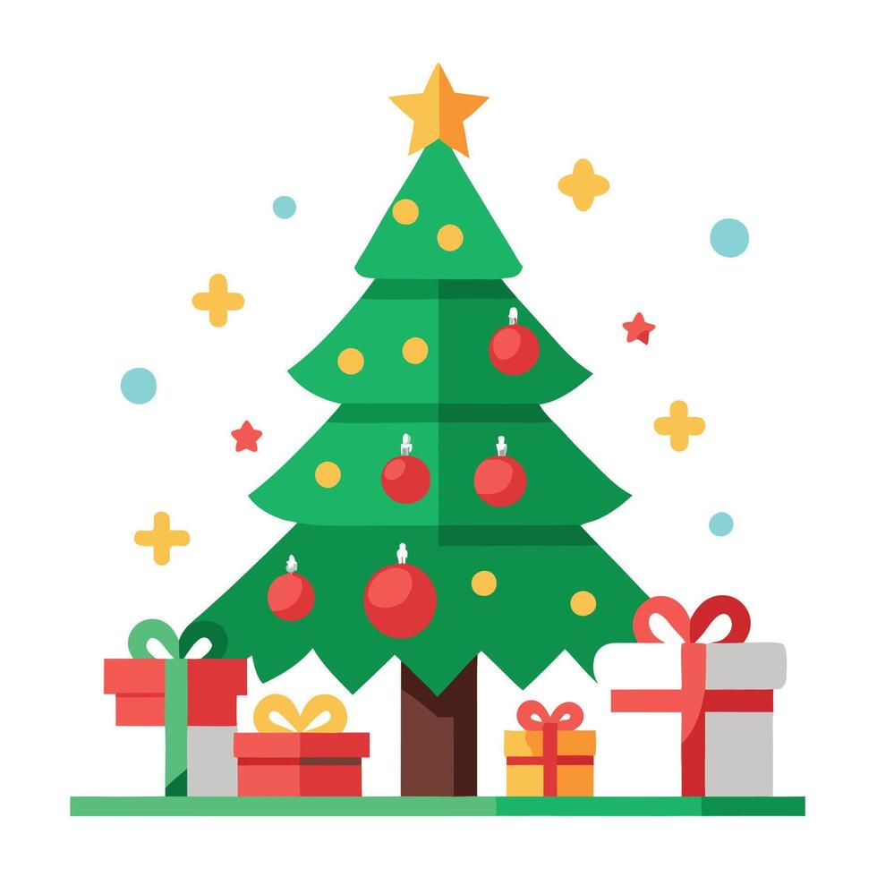 Illustration of a christmas tree with red and green decorations and presents. vector