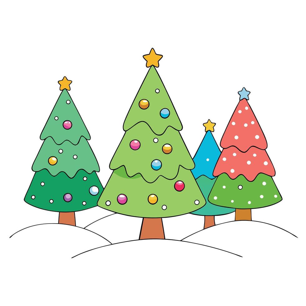 Colorful decorated christmas trees in winter landscape as romantic xmas illustration vector