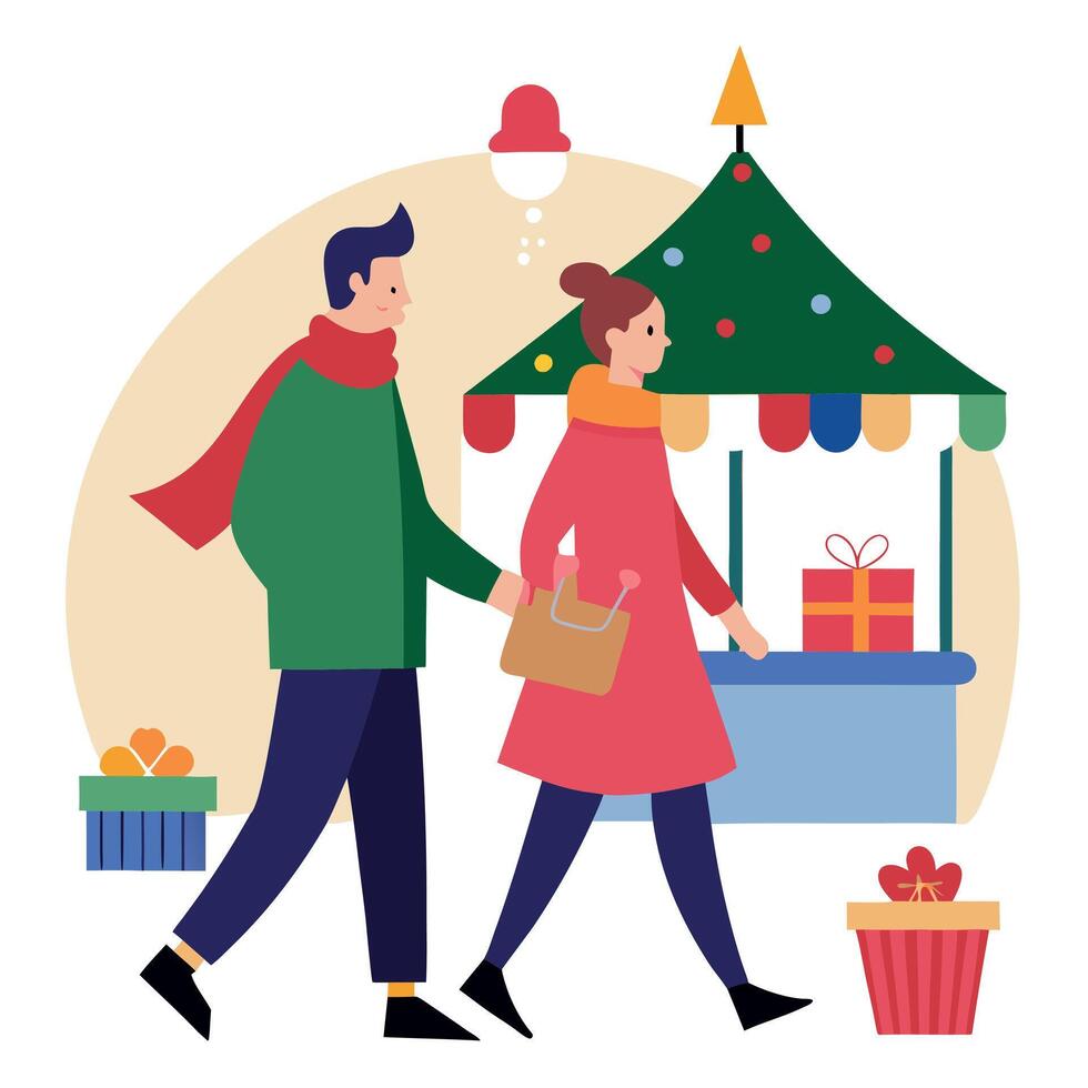 Enjoying Christmas Market. a couple walking near stalls vector