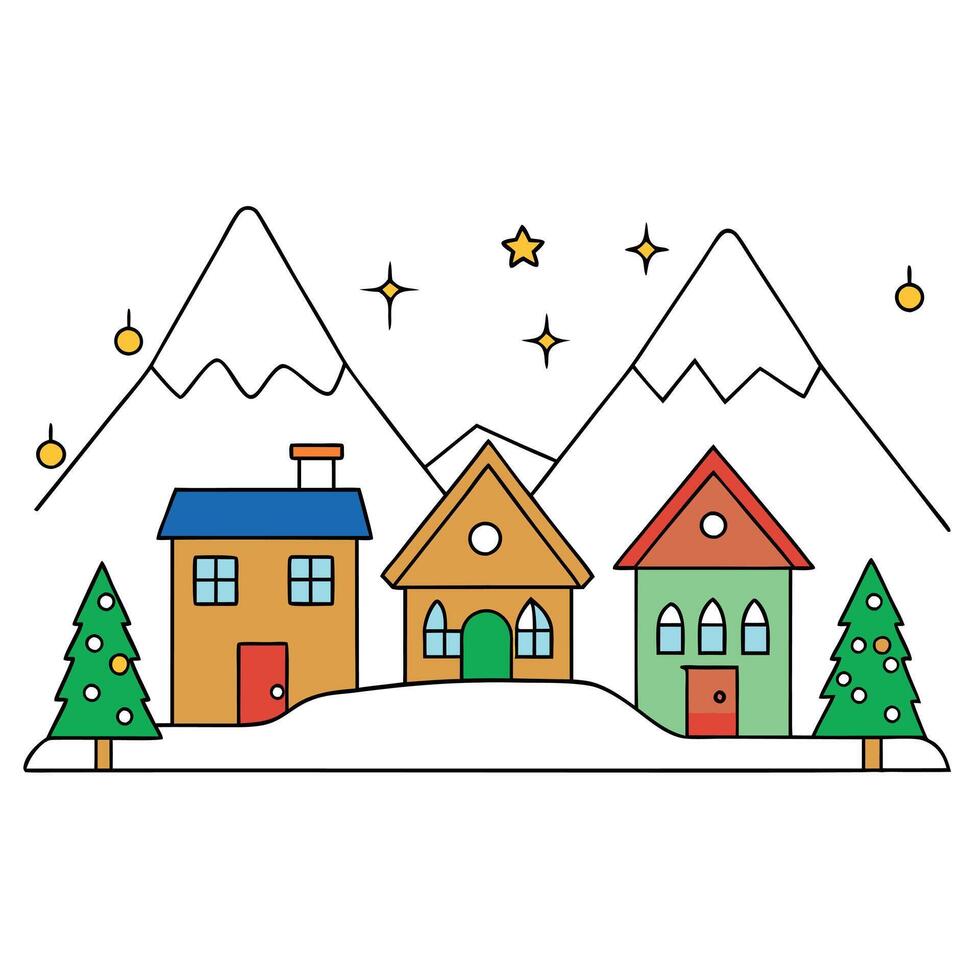 Houses decorated for Christmas. in a small town in the mountains vector