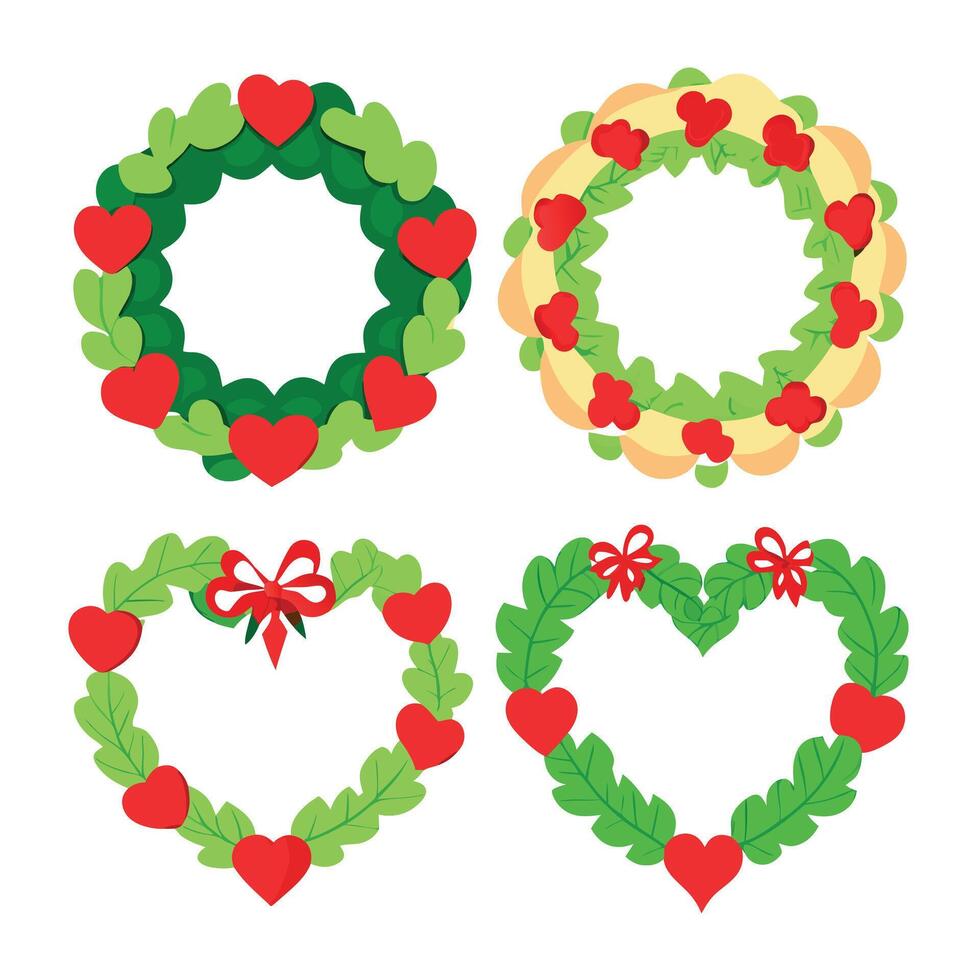 Collection of four christmas wreaths in shape of a heart isolated on a white background. vector