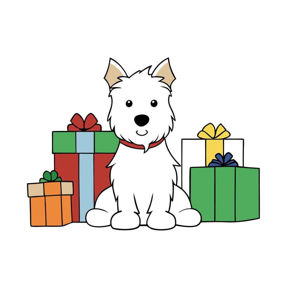 West Highland White Terrier dog between christmas presents vector