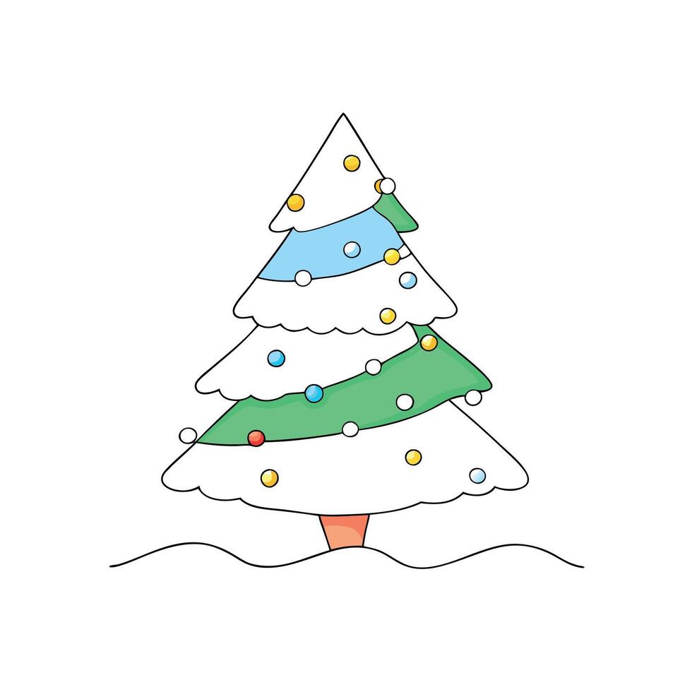 White snowy christmas tree with lights in winter landscape vector