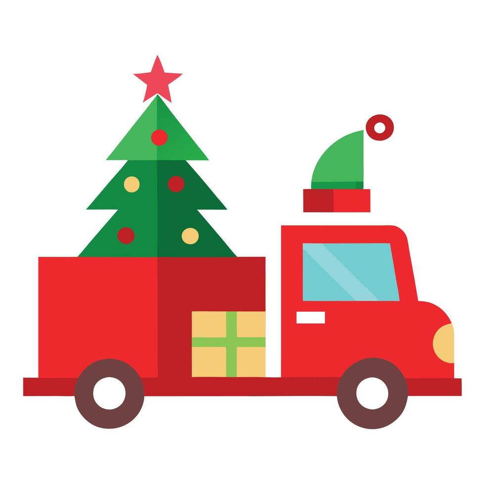 Illustration of red christmas truck and christmas tree vector