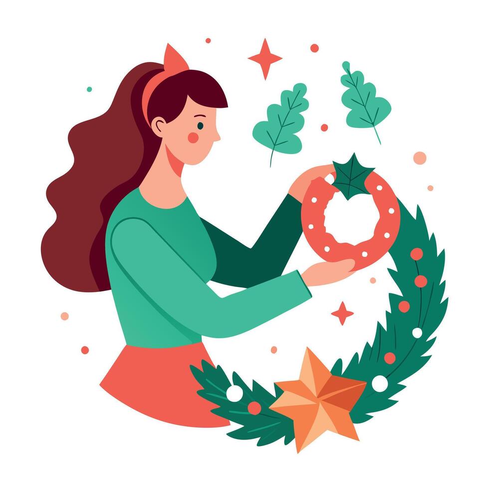 Woman makes a fir wreath for advent. Christmas Eve and crafting decorating. New Year celebration. vector