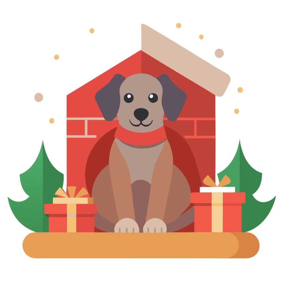 Dog sitting in front of a fireplace with Christmas stockings . allow copy space. christmas banner vector