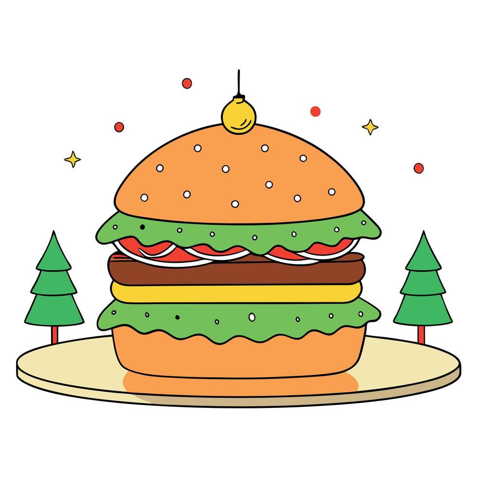 Huge festive burger sandwich on the festive table with christmas tree and lights in the background. vector