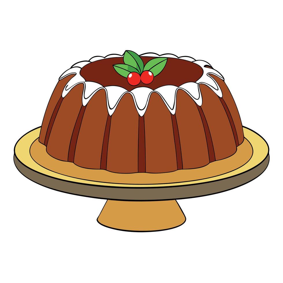 Christmas chocolate bundt cake on a golden cake plate vector