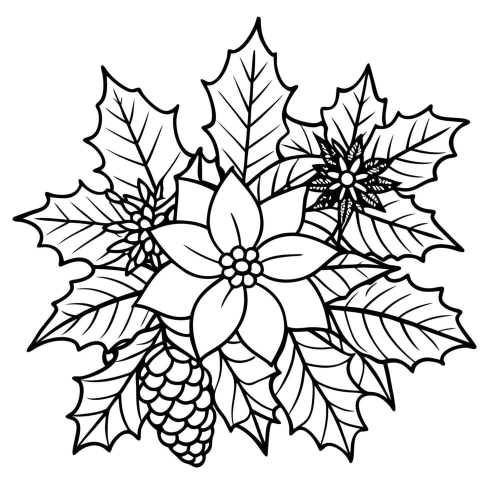 A christmas background with poinsettis. holly and pine cones. vector