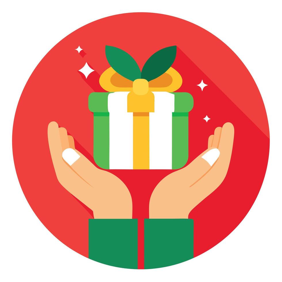 Hands with small christmas gift box on red background. vector