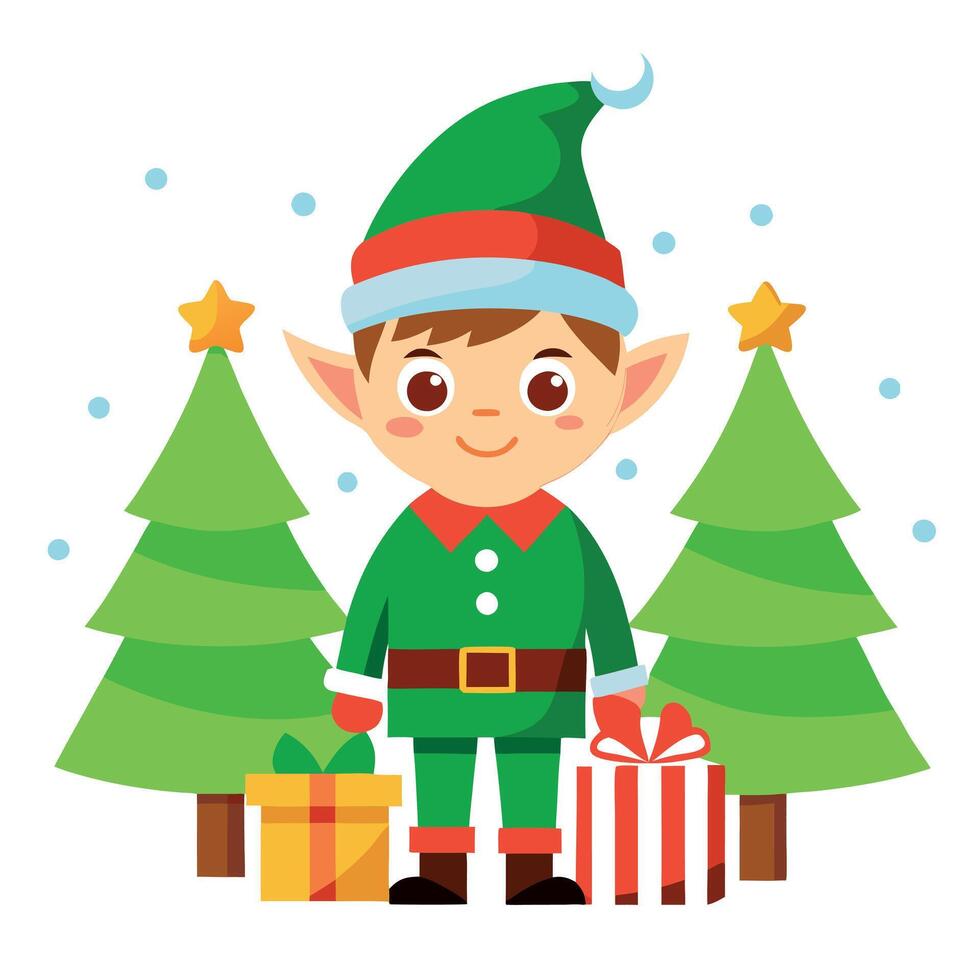 An adorable elf with Christmas gifts and merry christmas background with pine trees. vector