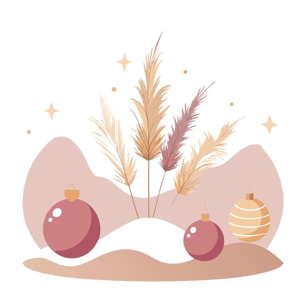 Beautiful Christmas Decorations with Pampas Grass and Baubels. Pastel Pink and Gold Seasonal Scene. vector