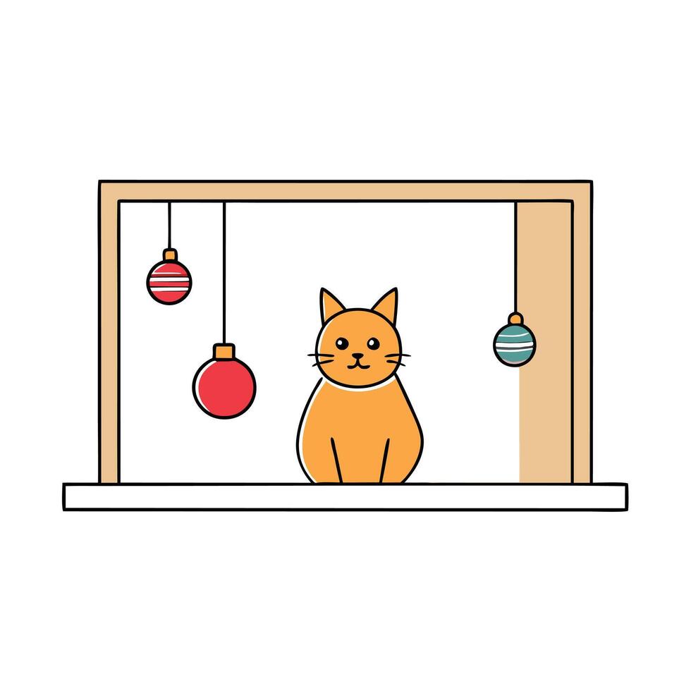 A cat looking out a window at christmas ornaments. image. vector