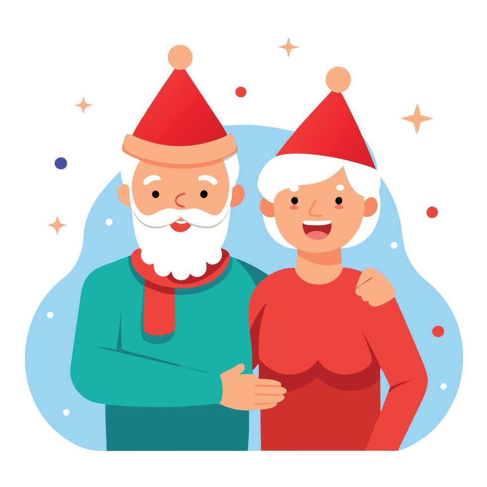 Images of happy senior couple wearing red cone caps while celebrating Christmas together at home vector