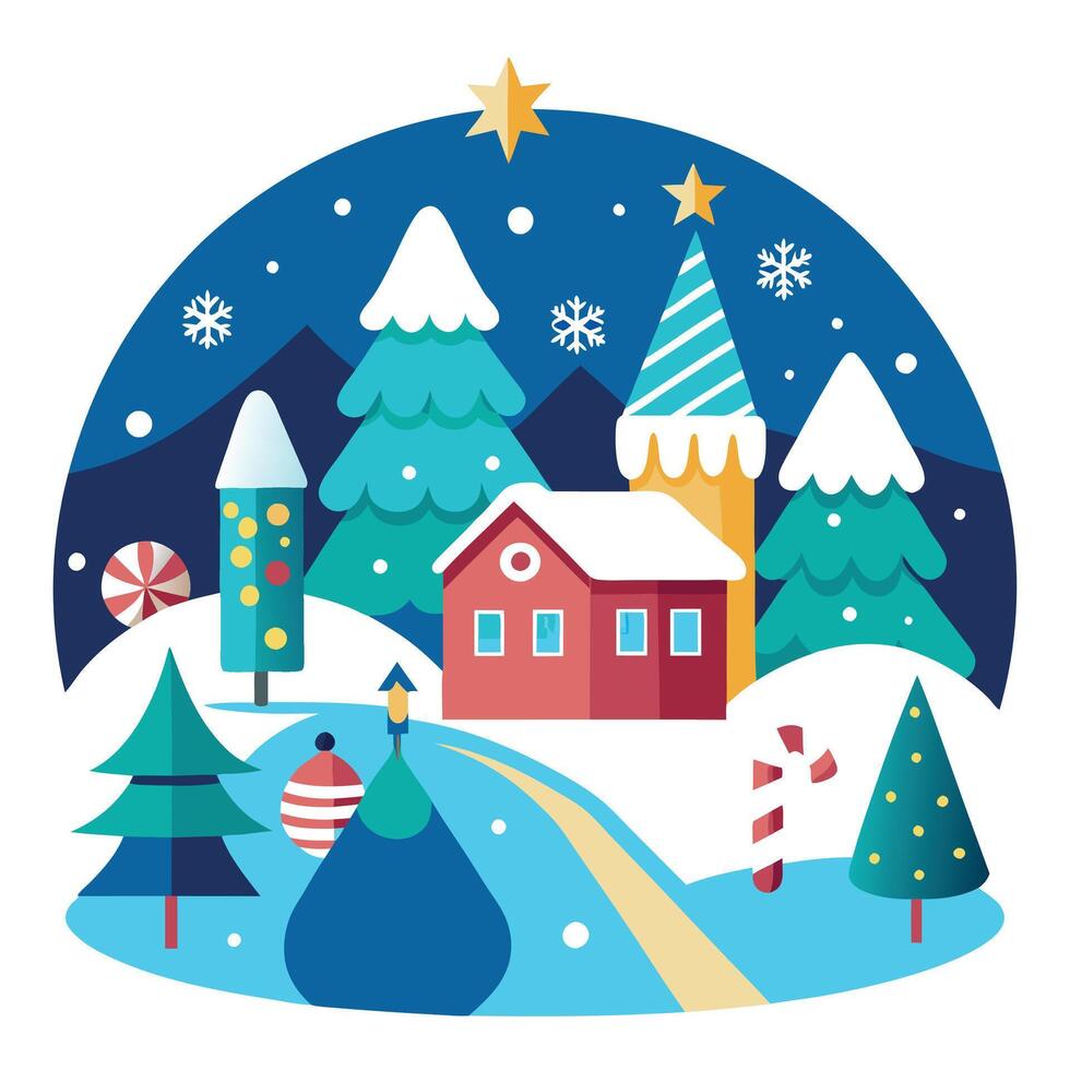 Image of Snowy Winter Wonderland with Festive Decorations. Felt art. vector