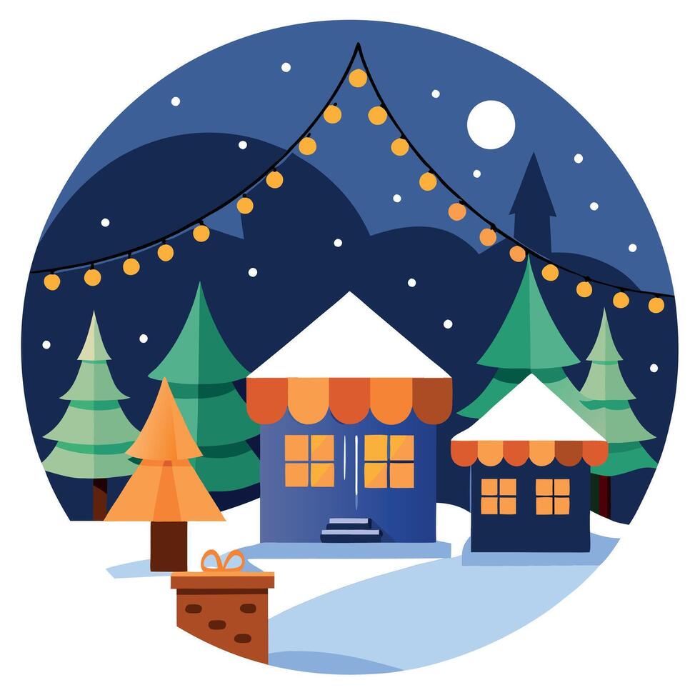 Beautiful christmas market at night with snow. generated with ai. vector