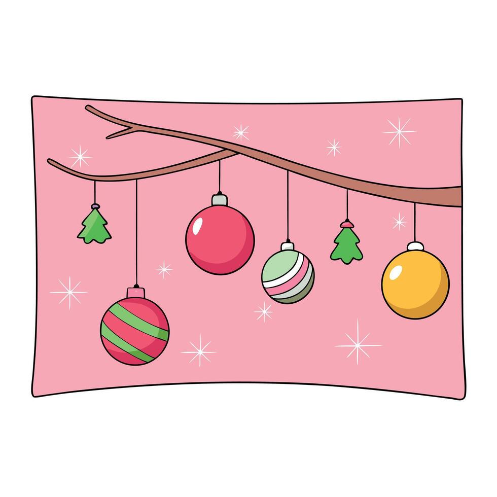 A pink background with christmas ornaments hanging from a tree branch. vector