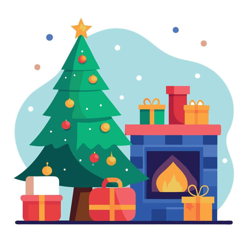 Interior christmas. Magic glowing tree. fireplace and gifts. vector