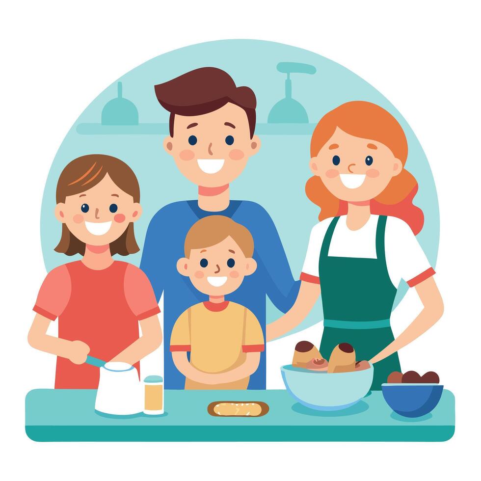 Happy family funny kids bake cookies in kitchen. Creative and happy childhood concept. vector