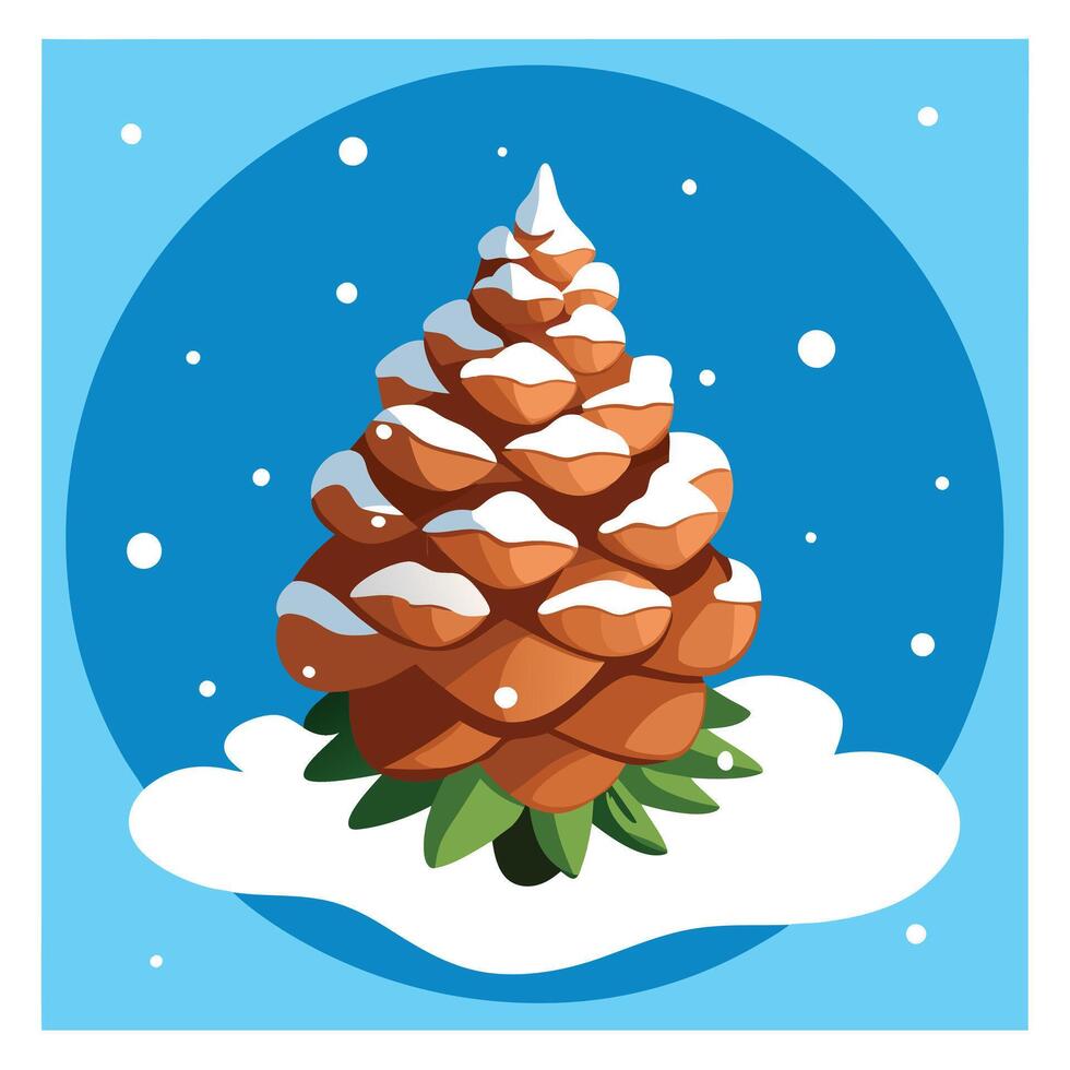 Pine cone covered with snow on a blue background. christmas greeting card. vector