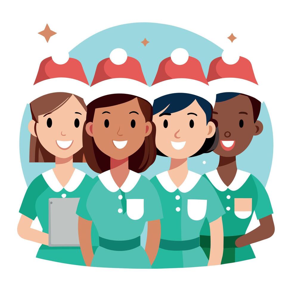 Team of nurses in a hospital on Christmas photo in santa hat vector