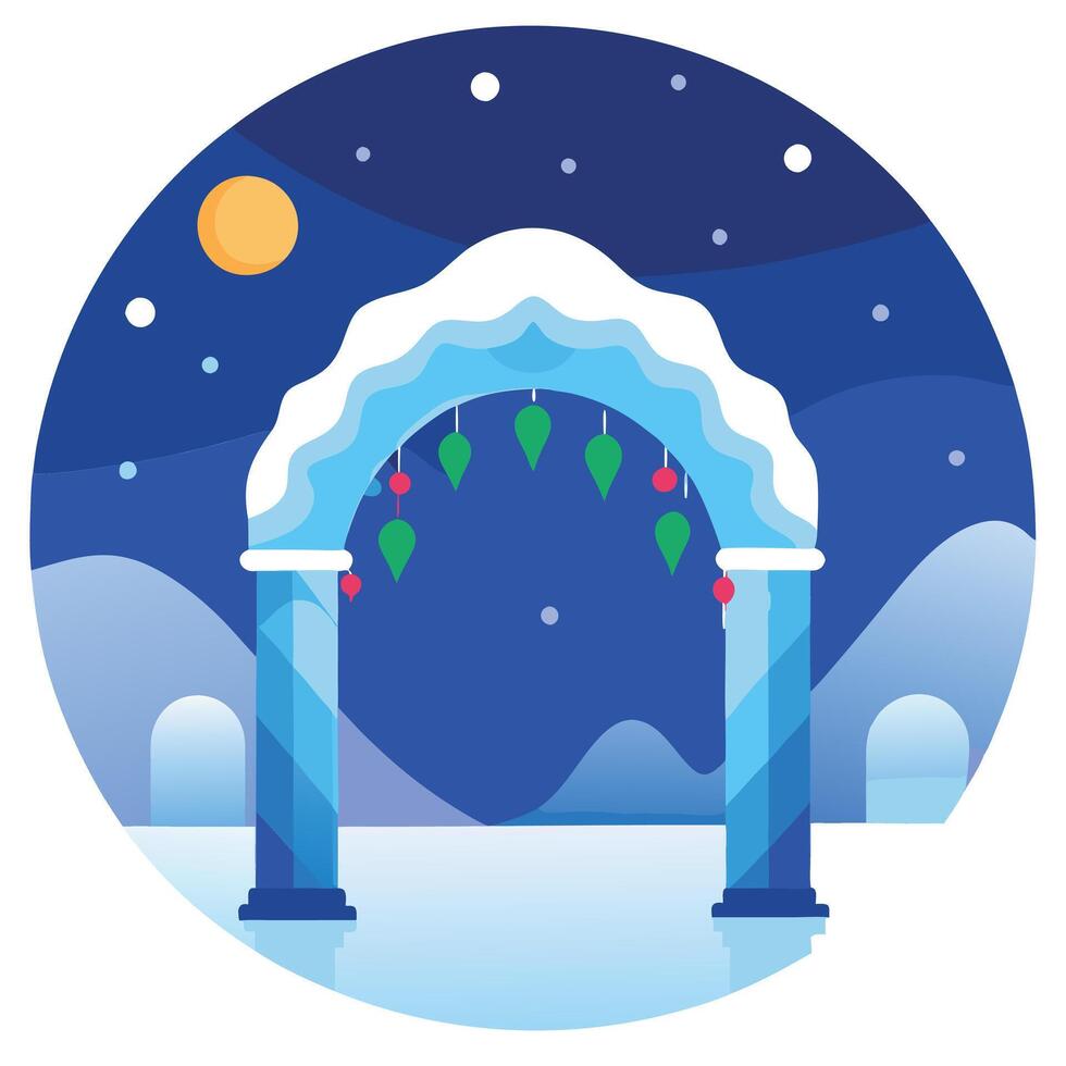 Round ice frosty arch festive night evening. frame outside. presentation winter greeting card vector