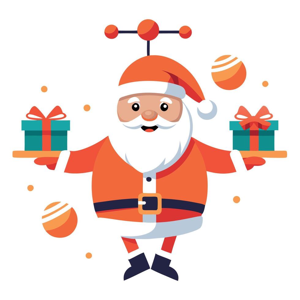 Santa Claus Flying on a drone to deliver Xmas gifts. Generative art vector