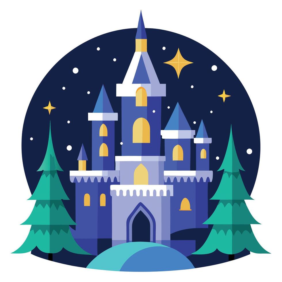 Magical fairy tale castle with christmas trees at night vector