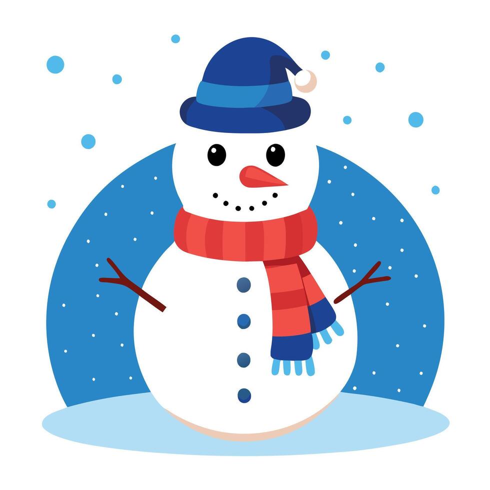 Happy snowman with blue woolen scarf and hat. Christmas card background vector