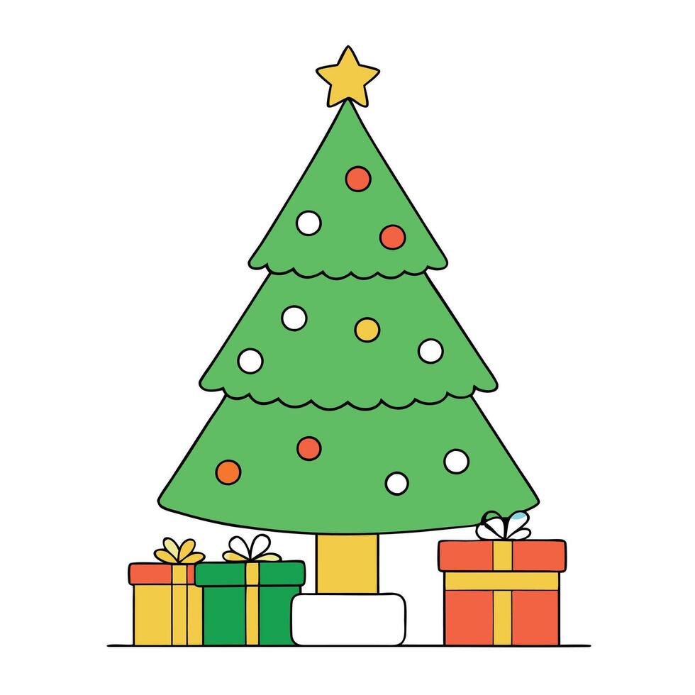 Decorated Christmas tree and gift boxes. Space for text. vector