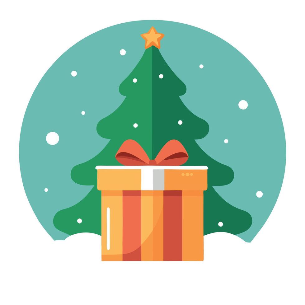 Close-up of a gift box on a snow-covered Christmas tree. vector