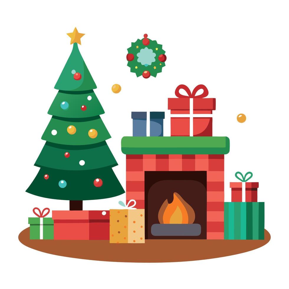 A living room decorated for Christmas with a tree. fireplace. presents. and a wreath vector