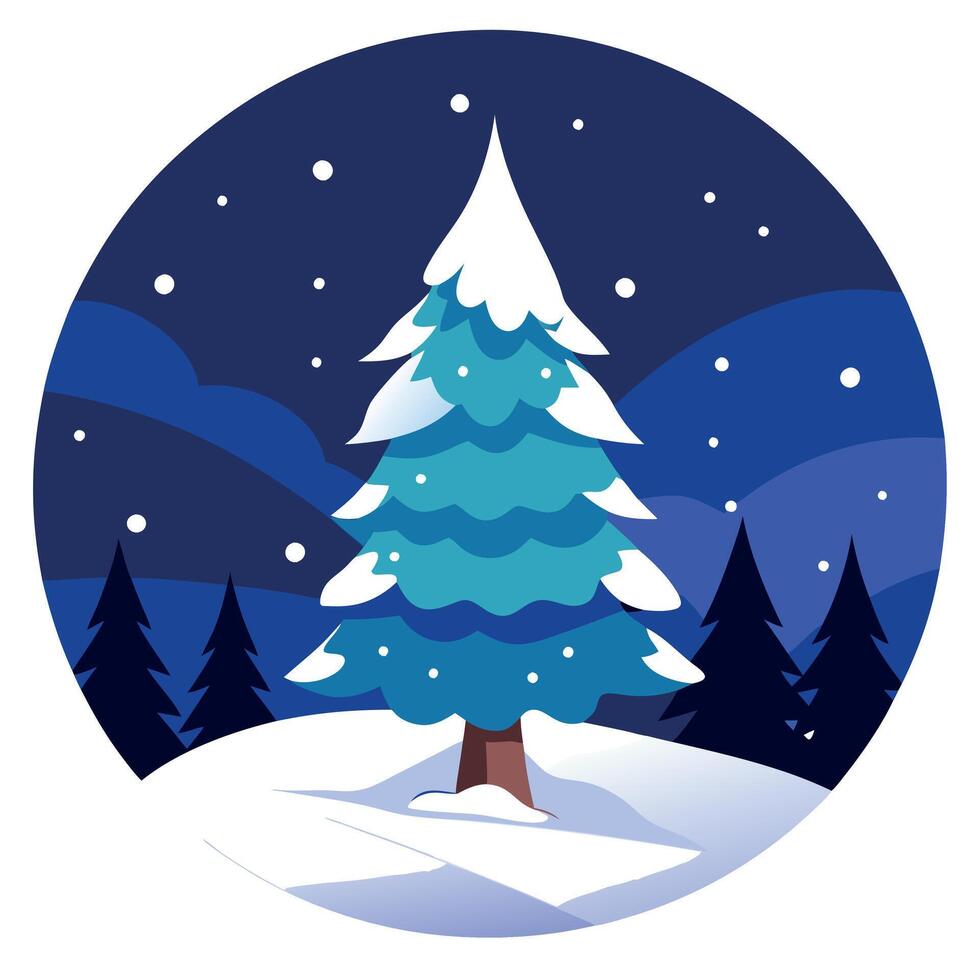 Snow covered christmas tree in winter forest with copy space at night vector