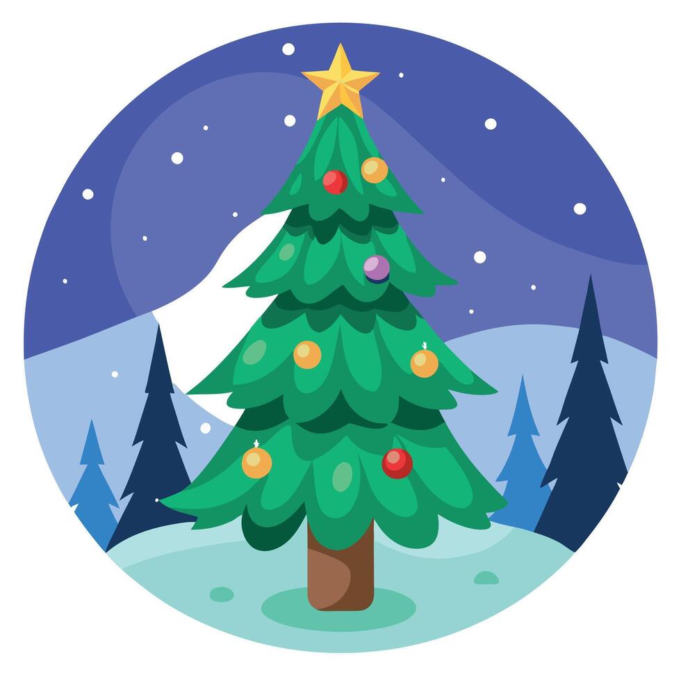 Christmas tree decoration in winter forest with northern lights vector