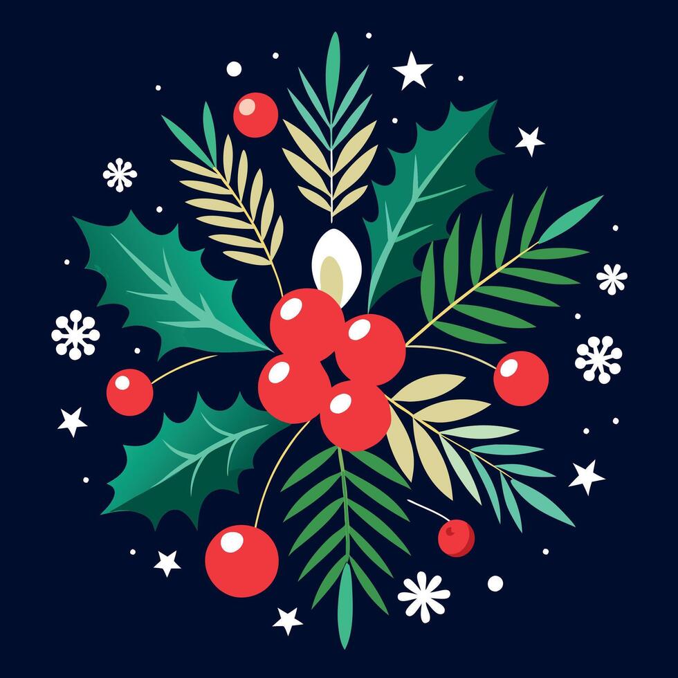 Festive decoration with evergreen branches and red berries on a dark backdrop vector