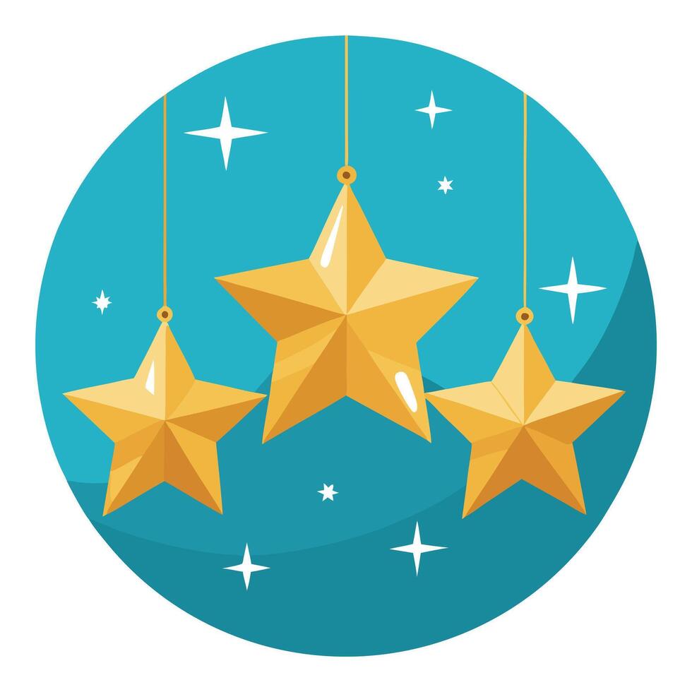Hanging golden start ornaments with bokeh light blue New Year vector