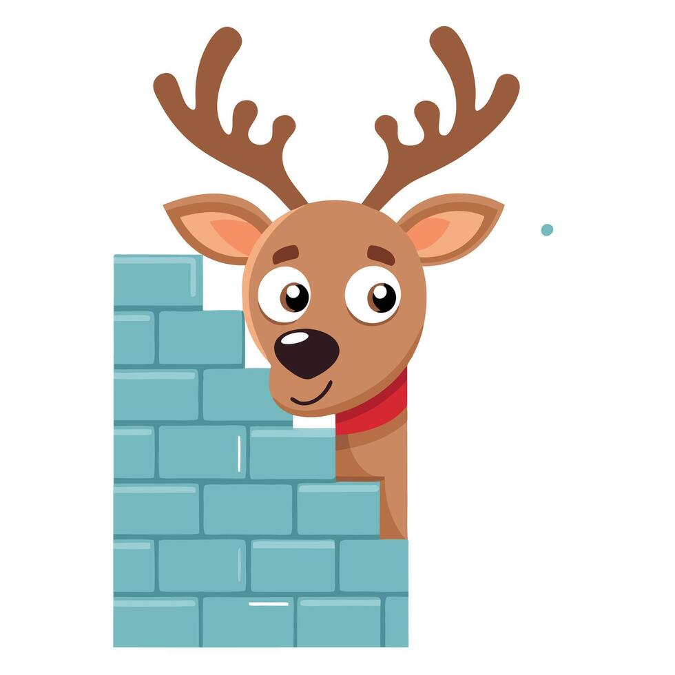 Funny reindeer peeking his head out from behind a snowy wall vector