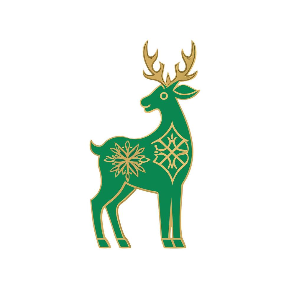 Paper cut style Christmas themed emerald green card with golden deer. ornate vector