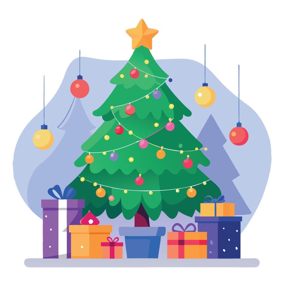New Year's tree decorated with New Year's balls and garlands in the interiors with gifts vector